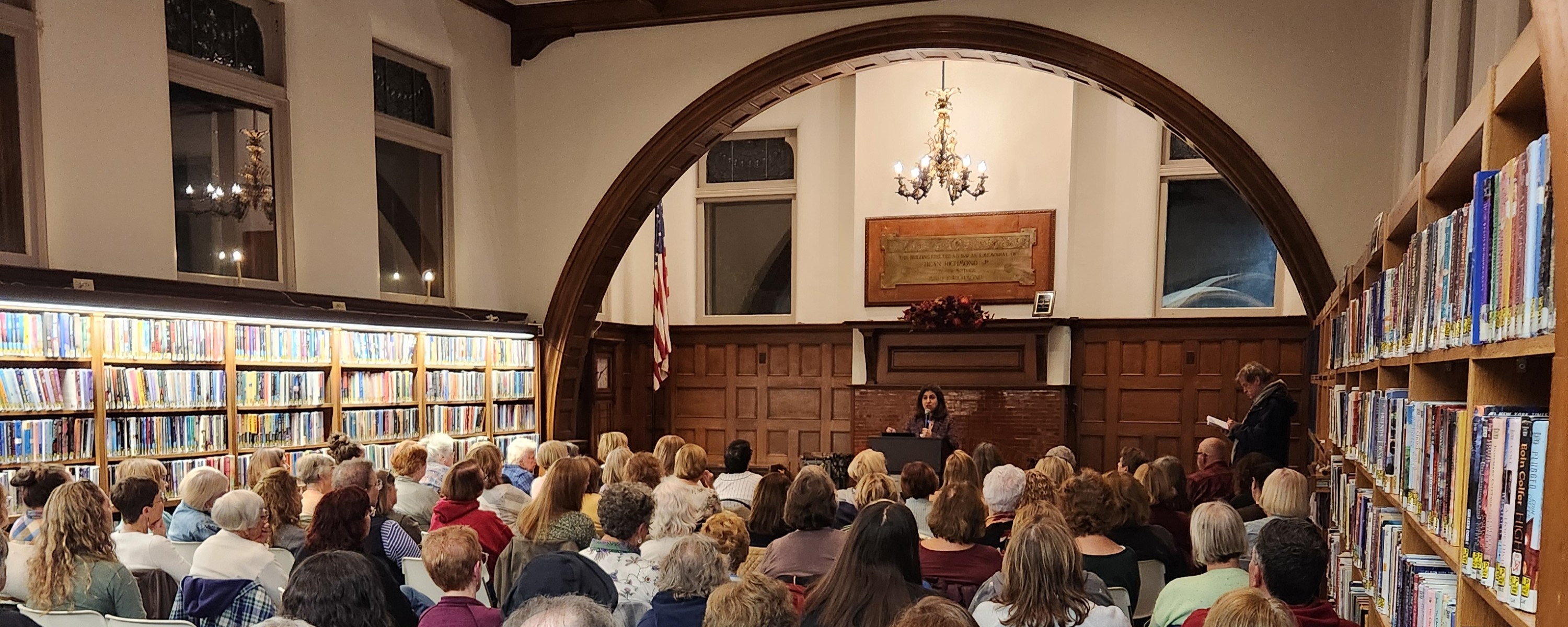 Image depicts author Marjan Kamali speaking in the Reading Room of the library in October 2025